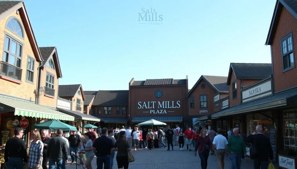 Image of Salt Mills Plaza with a variety of shops and a vibrant atmosphere