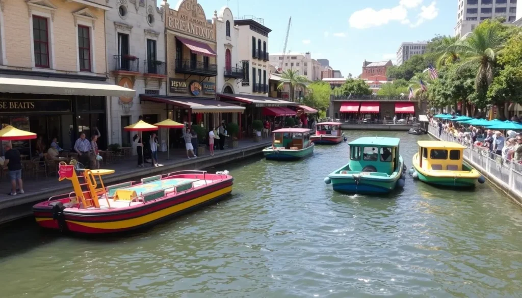 Image of San Antonio's River Walk, featuring river barges and lined with restaurants and shops.