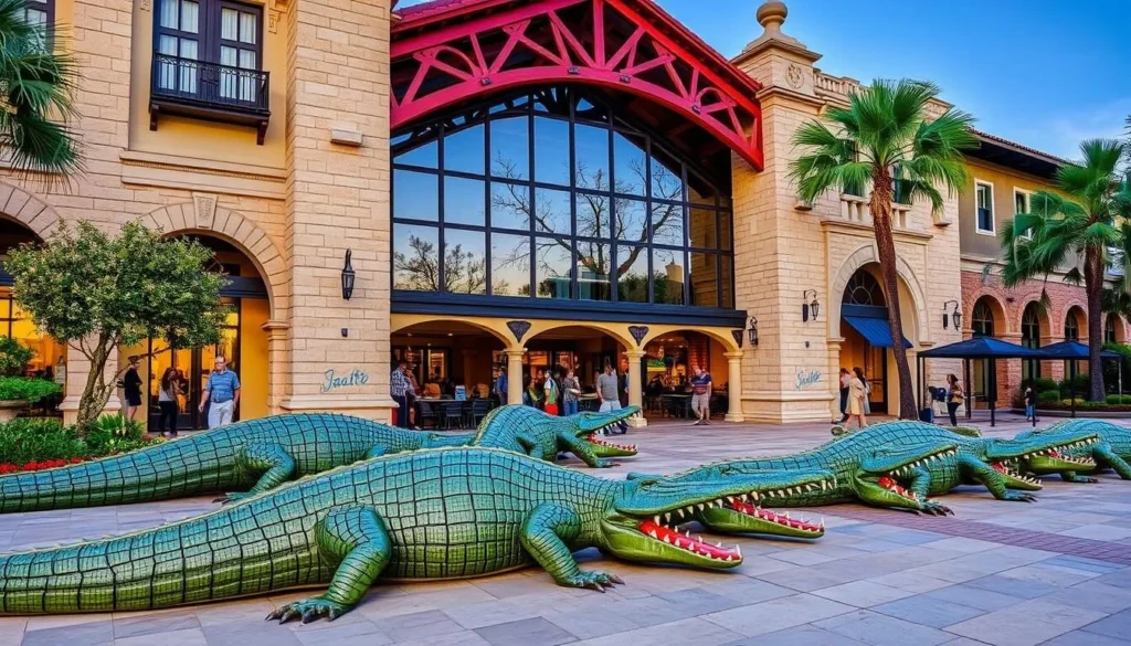 Image of San Jacinto Plaza with its iconic alligator sculptures