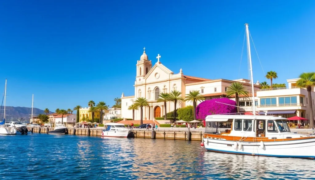 Image of Santa Barbara's waterfront with the historic mission in the background Image of Santa Barbara's waterfront with the historic mission in the background