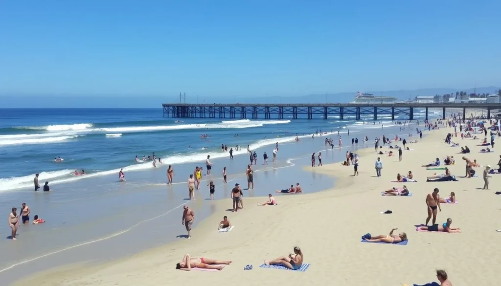 Image of Santa Monica State Beach with people enjoying various beach activities