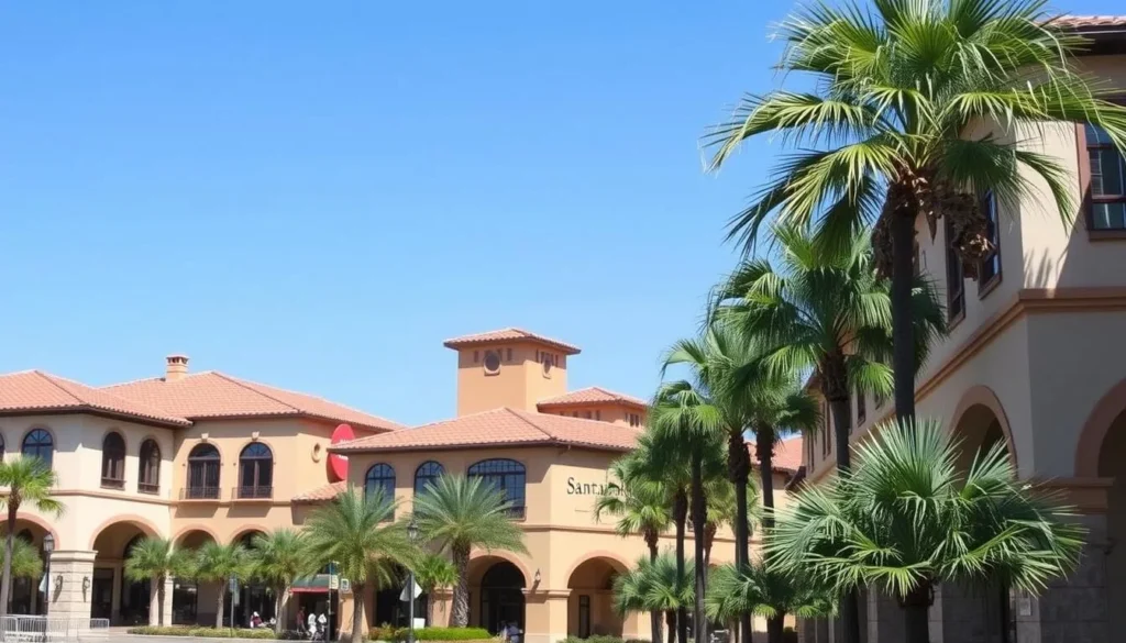 Image of Santana Row's Tuscan-style architecture and palm-lined streets