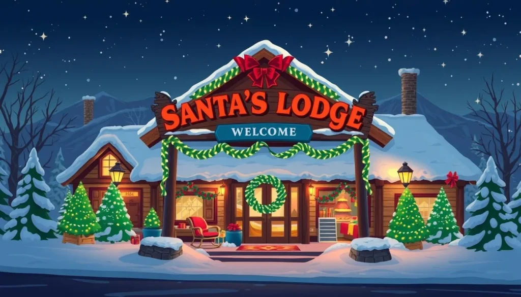 Image of Santa's Lodge with a hotel sign and rooms