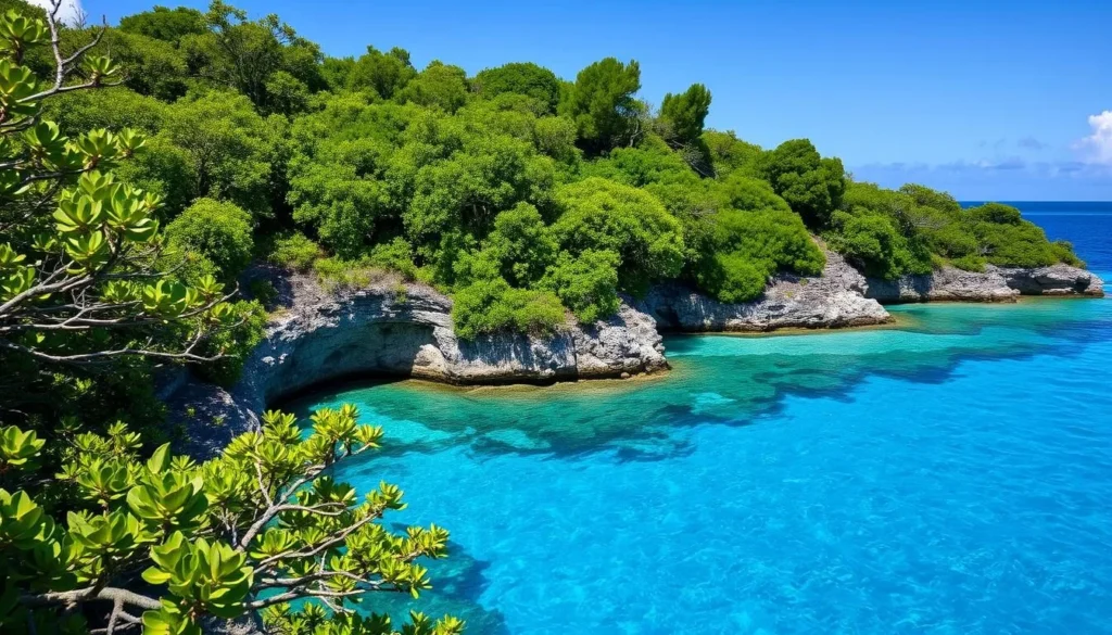 Image of Sapphire Blue Hole in North Eleuthera, showcasing its deep, blue water surrounded by lush vegetation.