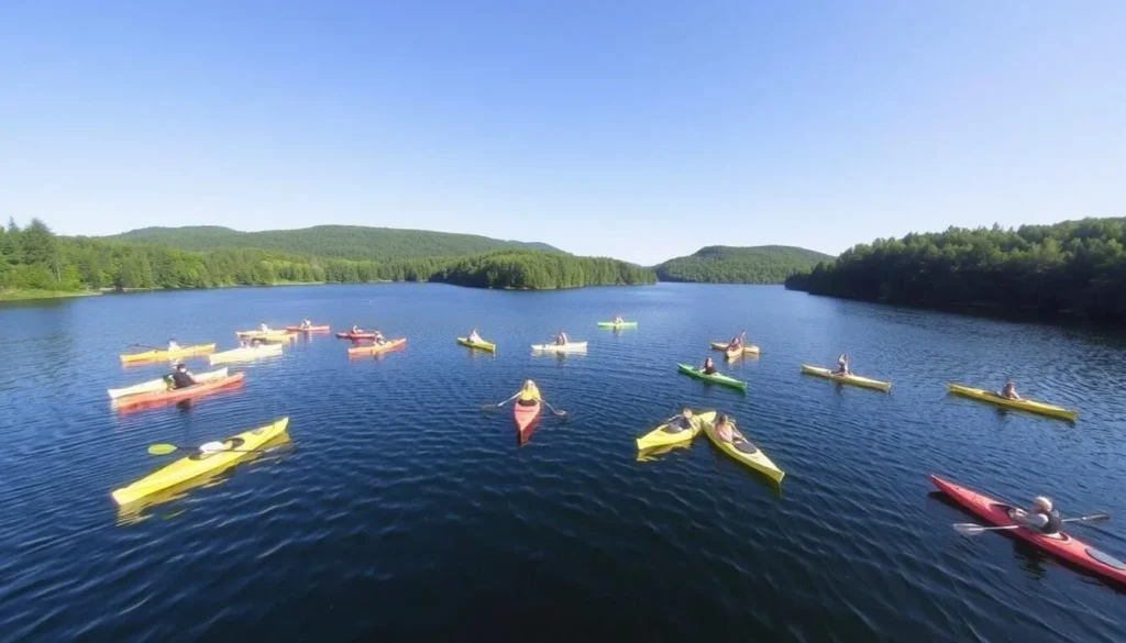 Image of Saratoga Lake with kayaks and paddleboards