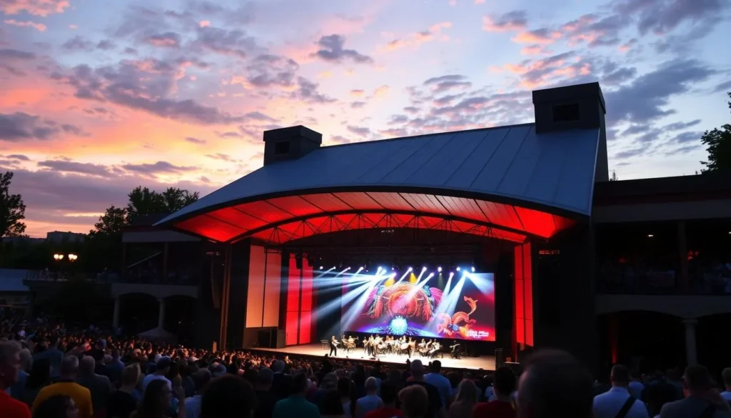 Image of Saratoga Performing Arts Center (SPAC) during a summer evening with a crowd enjoying a performance