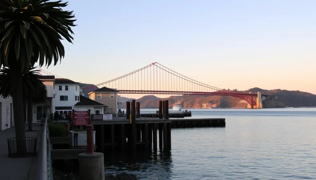 Image of Sausalito waterfront with the Golden Gate Bridge in the background Image of Sausalito waterfront with the Golden Gate Bridge in the background