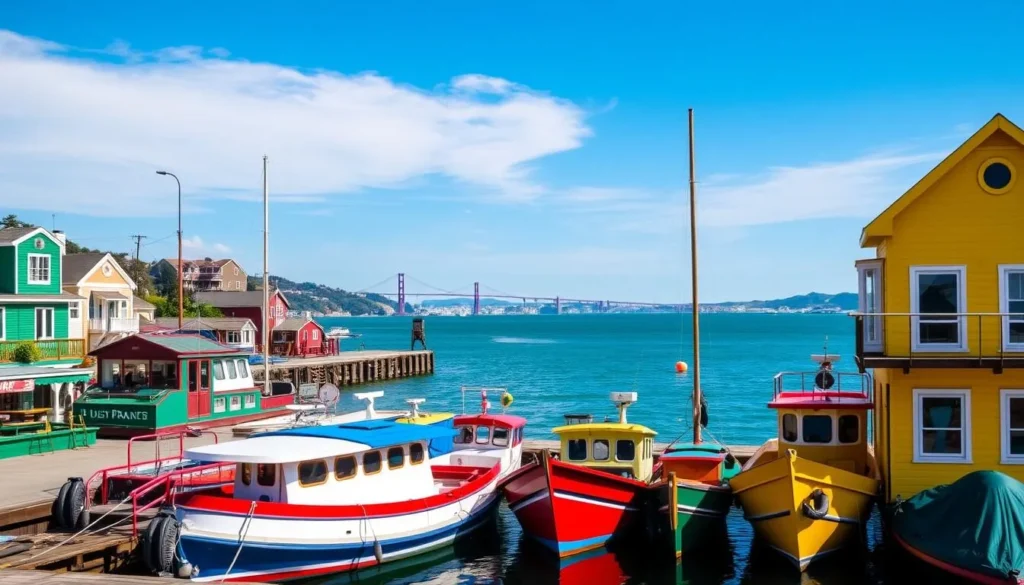 Image of Sausalito's waterfront with houseboats and San Francisco Bay in the background Image of Sausalito's waterfront with houseboats and San Francisco Bay in the background