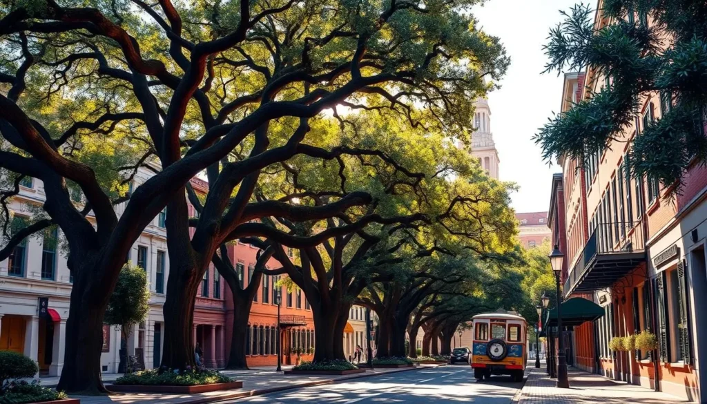 Image of Savannah's historic district with its picturesque oak-lined avenues and charming squares