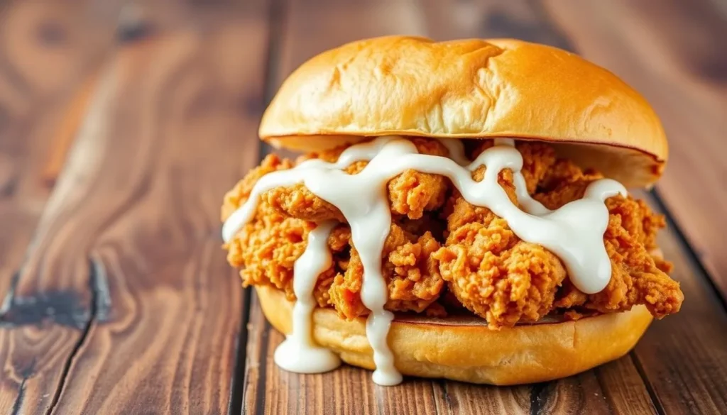 Image of Saw's Soul Kitchen's Sweet Tea Fried Chicken Sandwich with white BBQ sauce