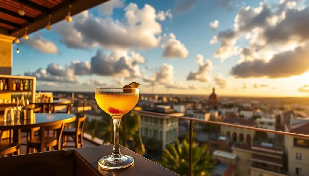 Image of Scryer Rum Barrelhouse rooftop lounge with a cocktail and a view of Old San Juan Image of Scryer Rum Barrelhouse rooftop lounge with a cocktail and a view of Old San Juan