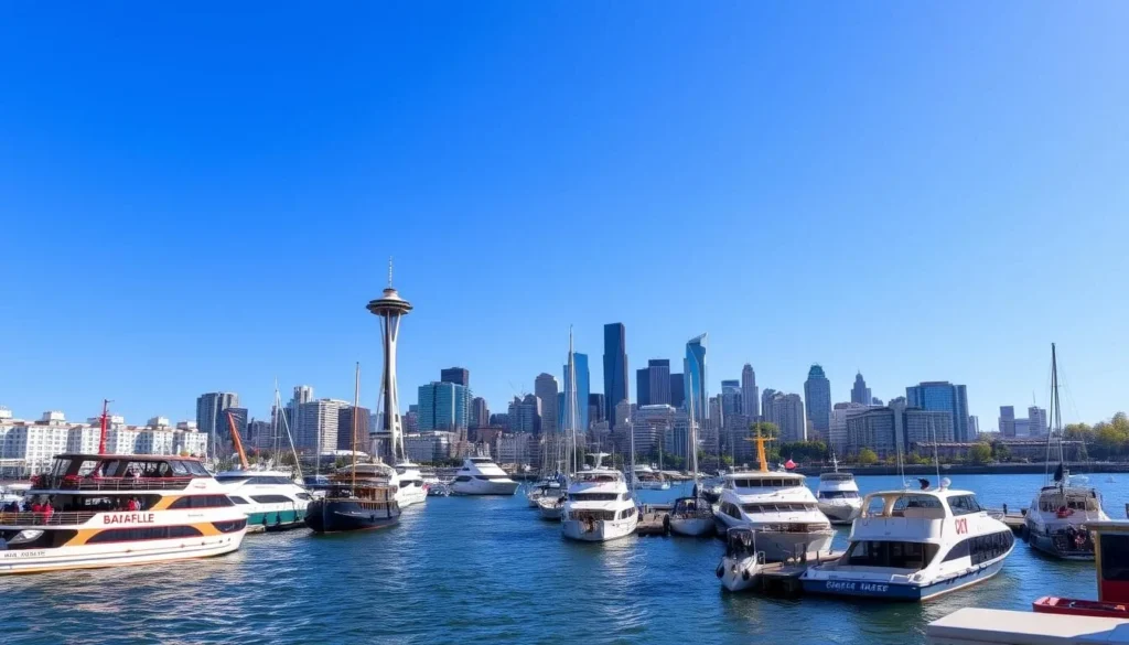 Image of Seattle's waterfront with various boats and ferries