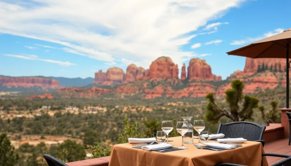 Image of Sedona's scenic red rock formations with a dining table in the foreground