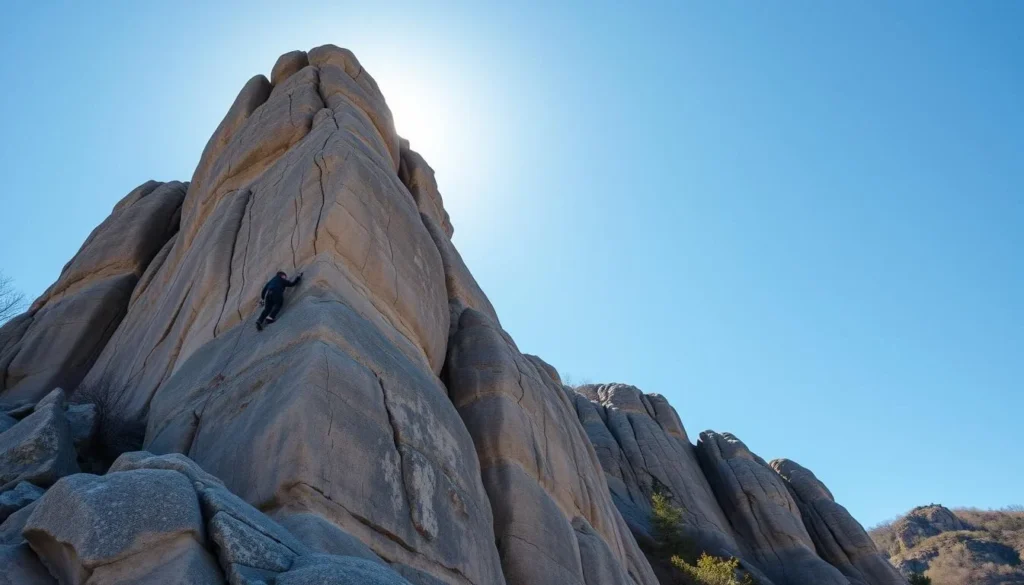 Image of Seneca Rocks with climbers scaling the sandstone formation