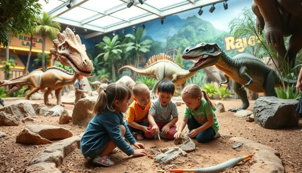 Image of Shan-Gri-La Prehistoric Park's dinosaur exhibit with kids participating in a fossil dig activity.