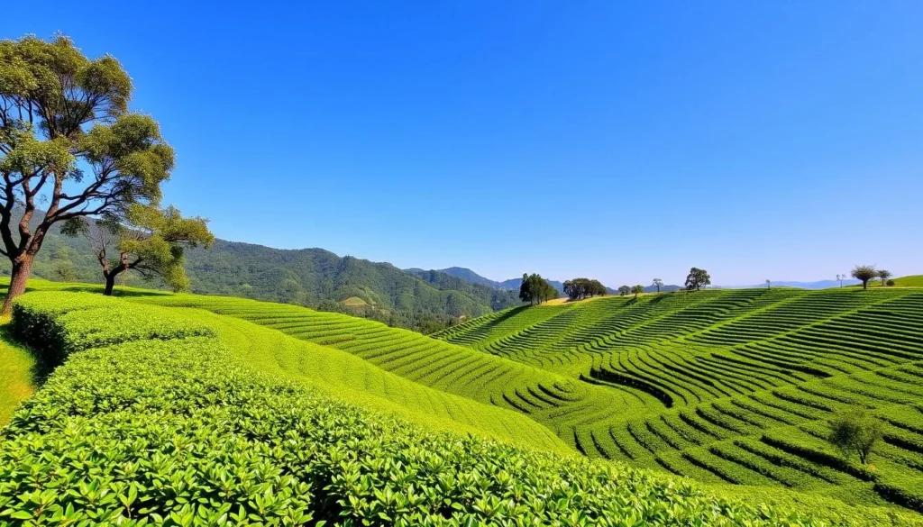 Image of Shangrao tea plantations with lush green tea plants and terraced landscapes