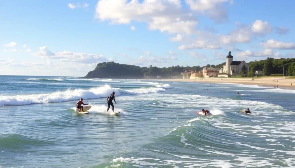 Image of Sheboygan's Lake Michigan shoreline with surfers riding the waves.