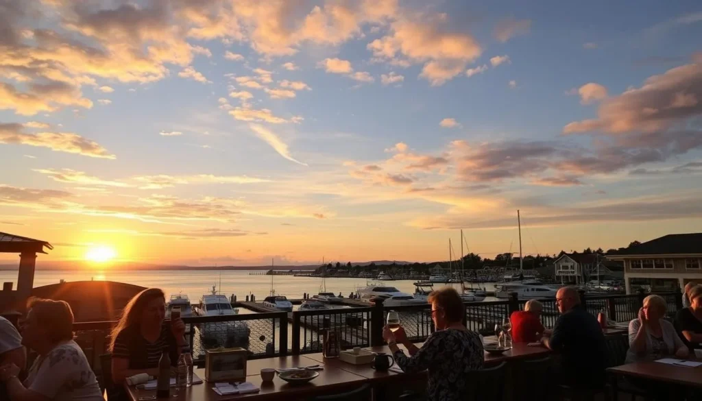 Image of Shoreline Village at sunset with diners enjoying waterfront views