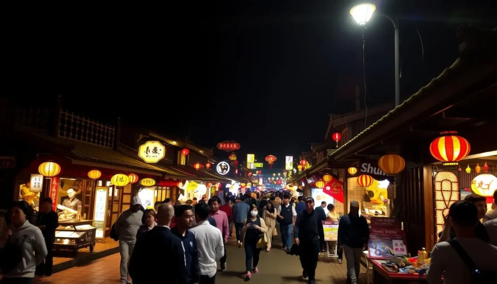 Image of Shuiwei Village at night, with vibrant lights and bustling atmosphere