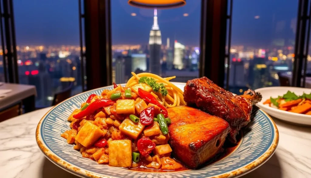 Image of Si Chuan Dou Hua Restaurant's spicy Sichuan dishes, such as diced chicken with dried chilli and twice-cooked pork belly, served with a panoramic view of the city.