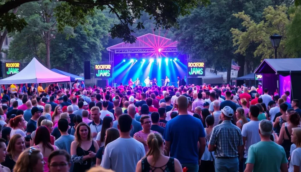 Image of Sinnissippi Park during a Rockford Jams concert with attendees enjoying live music