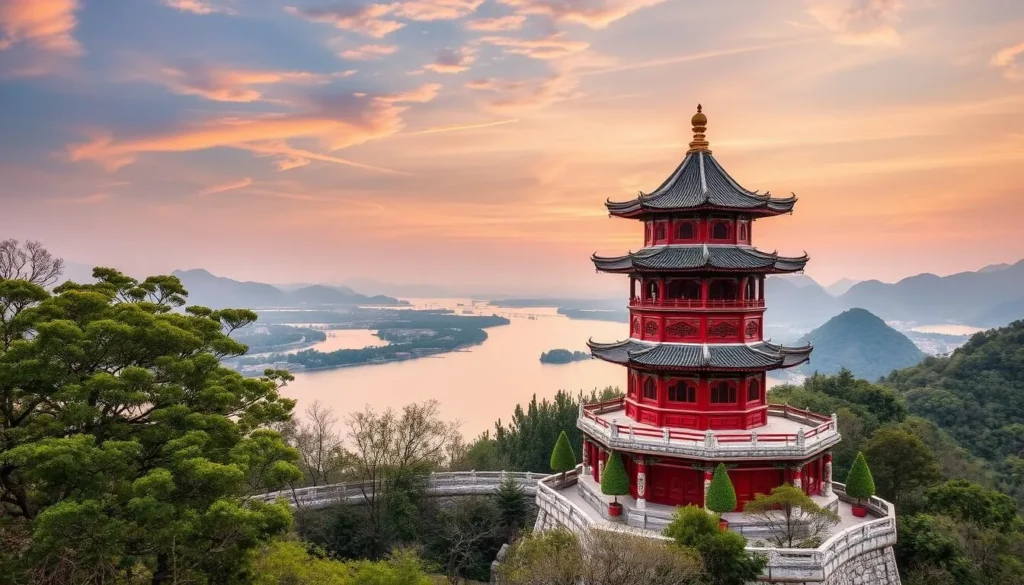 Image of Six Harmonies Pagoda against the Qiantang River backdrop