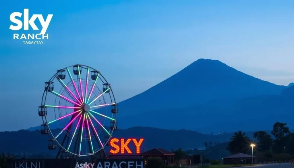 Image of Sky Ranch Tagaytay with a Ferris wheel and Taal Volcano in the background
