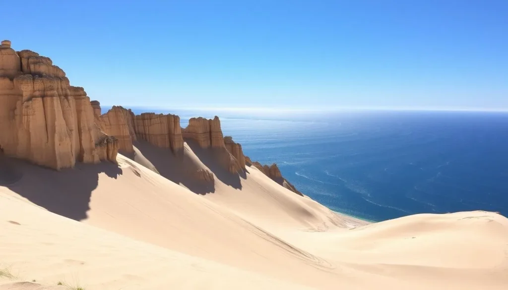 Image of Sleeping Bear Dunes National Lakeshore with towering sand dunes and Lake Michigan in the background