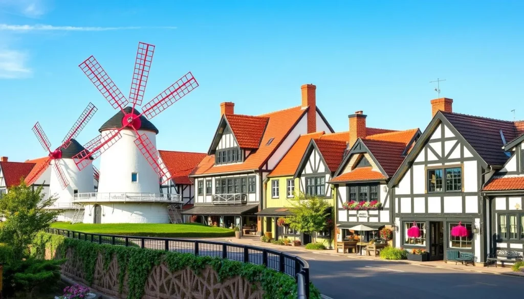 Image of Solvang's traditional windmills and half-timbered buildings