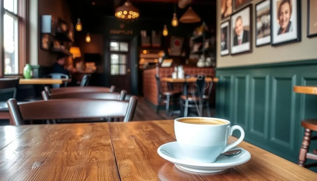 Image of Souffles Newburyport's interior with a cup of coffee on a wooden table.