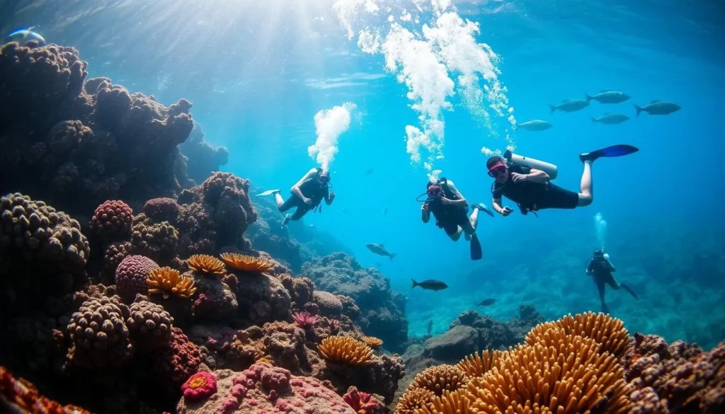 Image of Soufriere Bay with divers and snorkelers exploring the underwater landscape