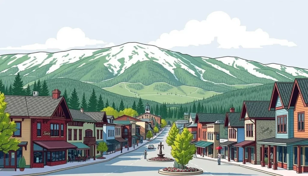 Image of Stowe Village with Mountain Road in the background, showing shops and snow-capped mountains.