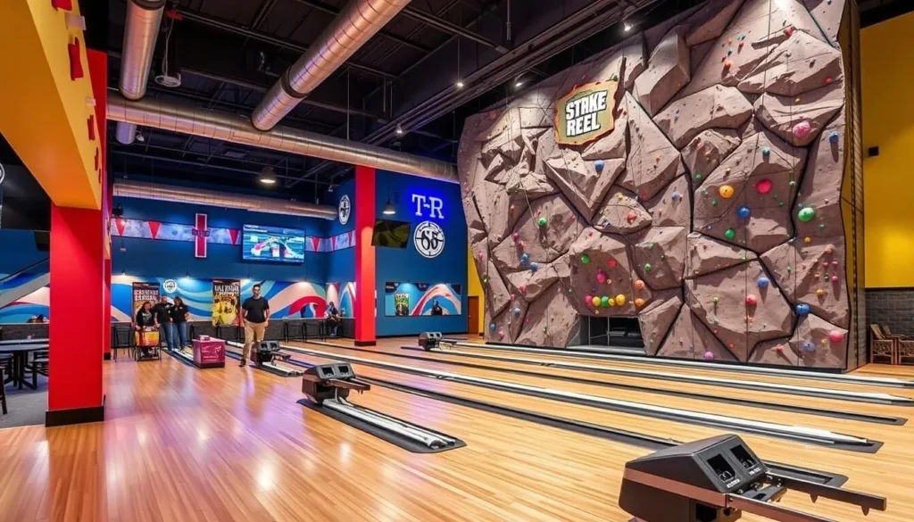 Image of Strike + Reel's interior with bowling lanes and rock climbing wall