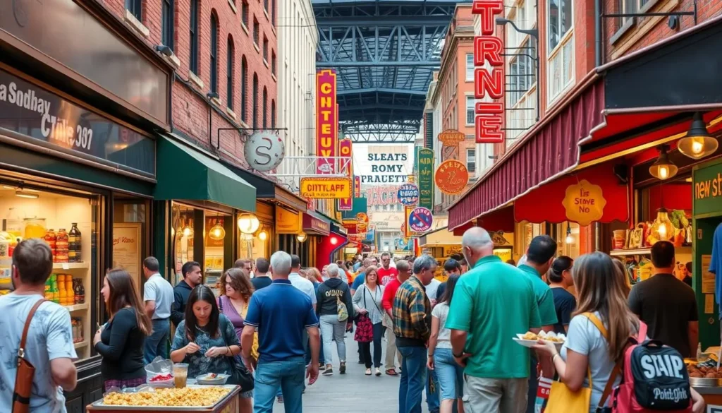 Image of Strip District Pittsburgh with a mix of people shopping and enjoying food