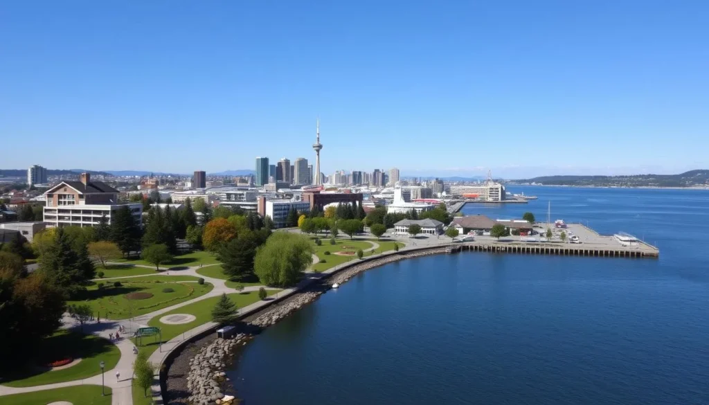 Image of Tacoma waterfront with parks and cityscape