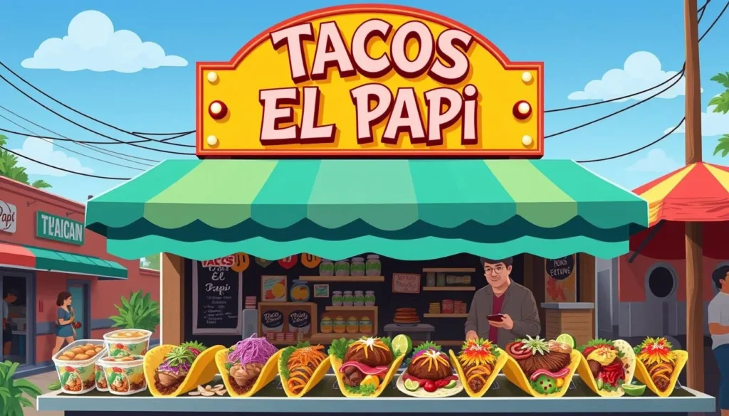 Image of Tacos El Papi's vibrant street-stand setup with delicious tacos Image of Tacos El Papi's vibrant street-stand setup with delicious tacos