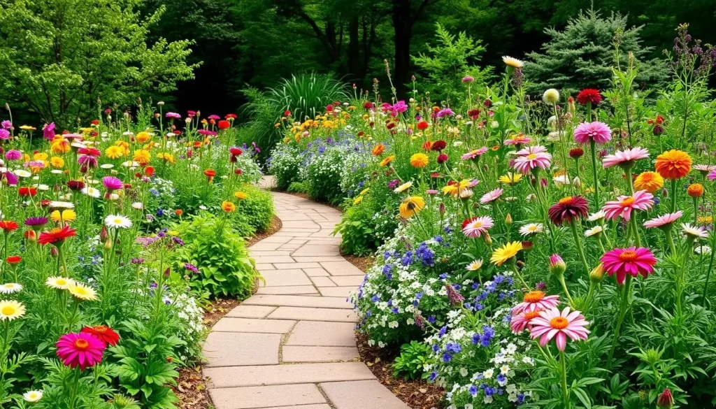 Image of Tanger Family Bicentennial Garden with a serene pathway and seasonal flowers