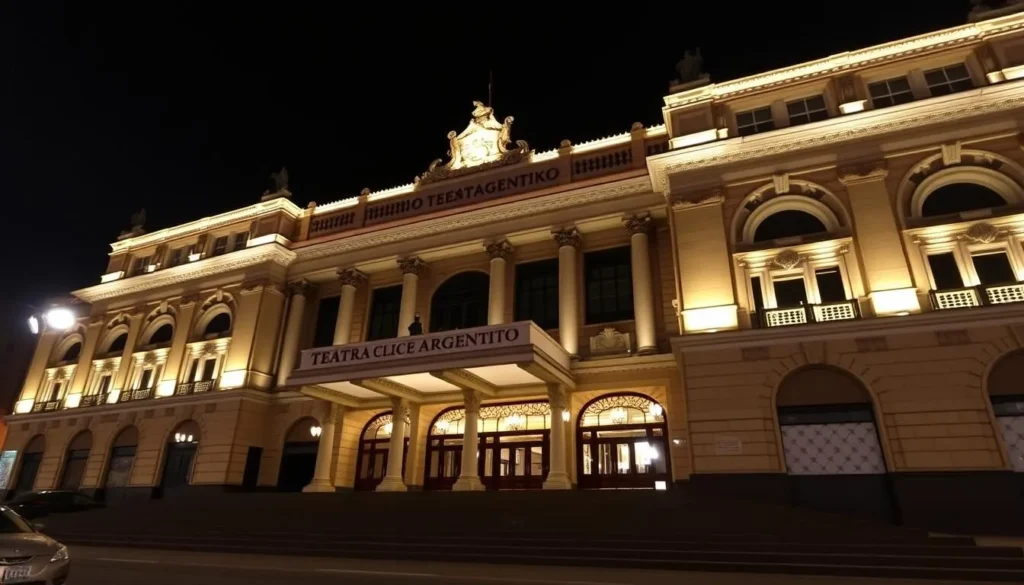 Image of Teatro Argentino's grand facade at night