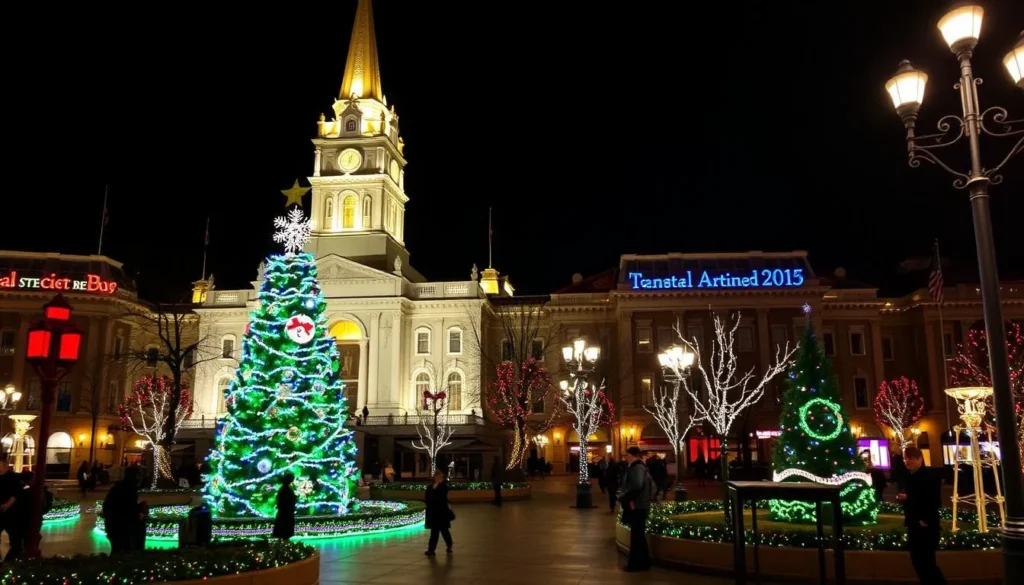 Image of Temple Square during the holiday season with Christmas lights