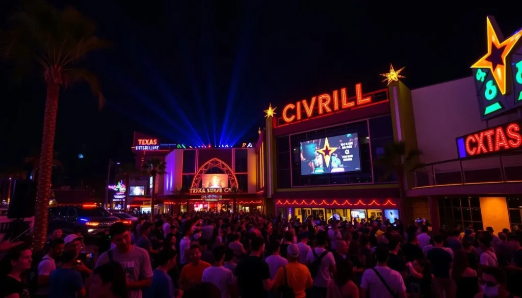 Image of Texas Live! Entertainment Complex at night with a lively crowd