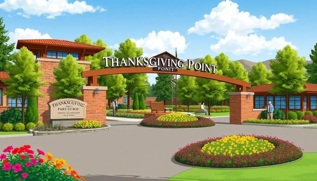 Image of Thanksgiving Point's main entrance with a large garden in the background