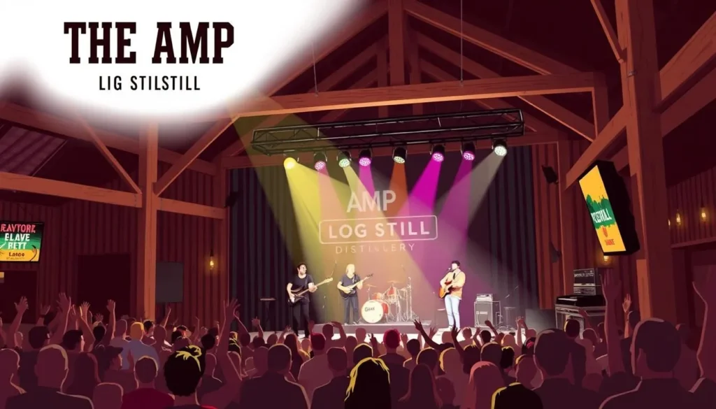 Image of The Amp at Log Still Distillery during a live concert, with the stage and audience area visible.