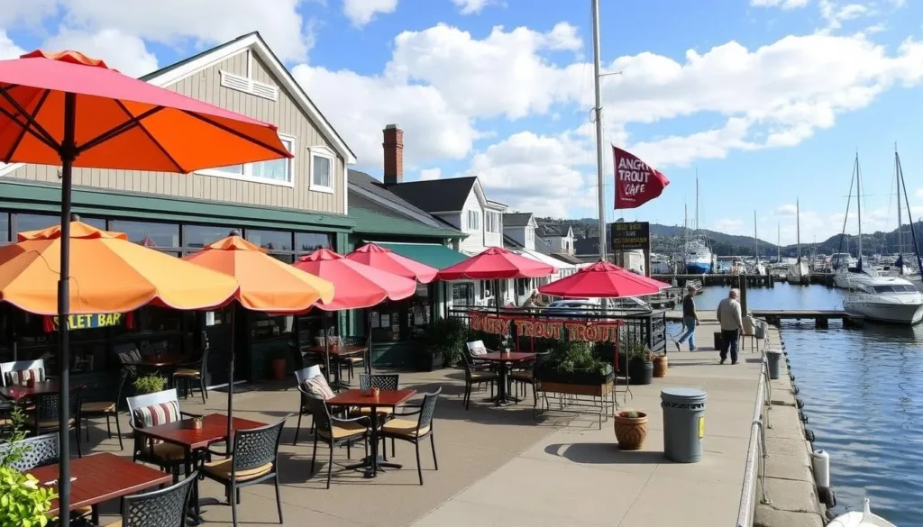 Image of The Angry Trout Cafe's harbor-side dining area.