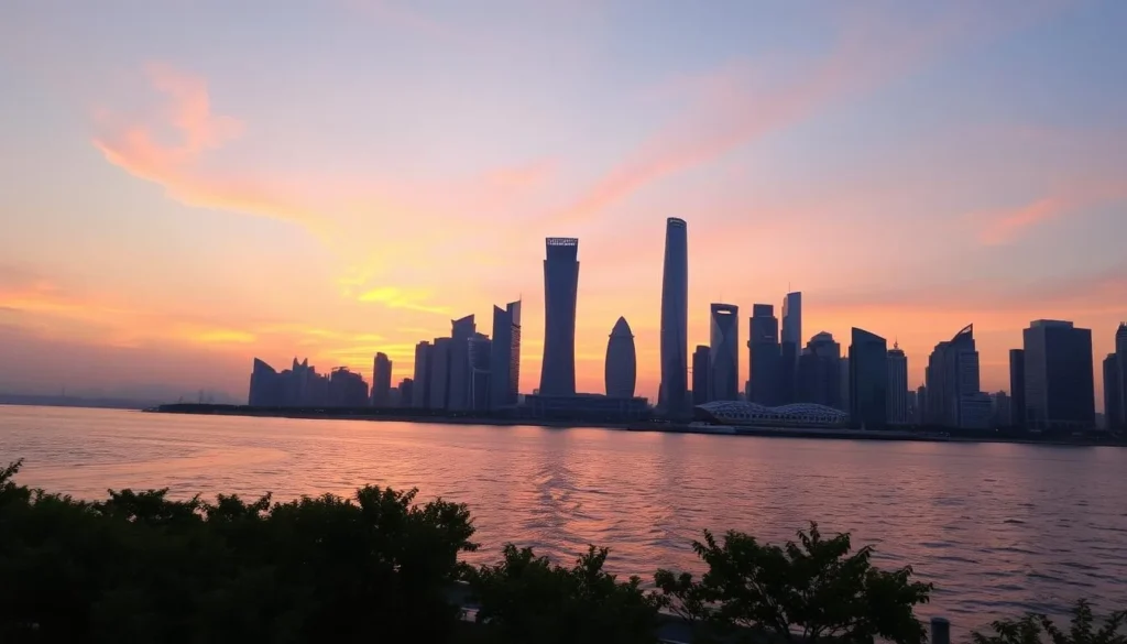 Image of The Bund at sunset with futuristic skyscrapers in the background
