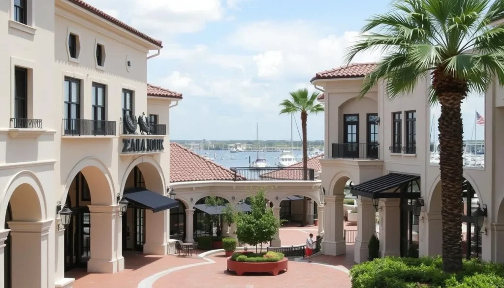 Image of The Esplanade Shoppes with its Italian-style architecture and marina view
