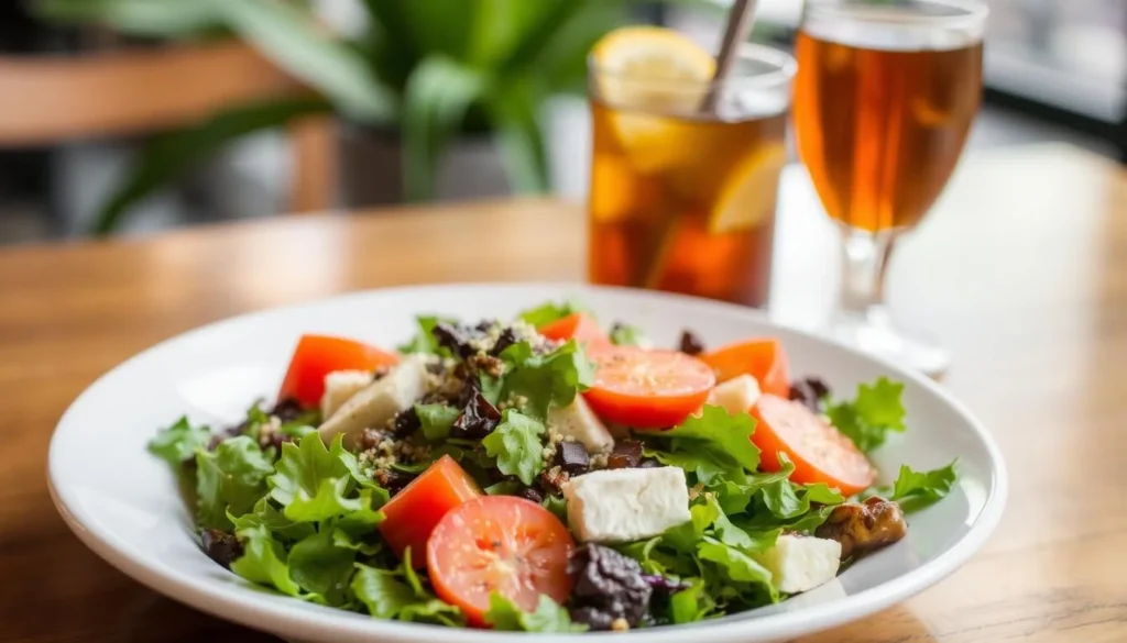 Image of The Essential's "Nicoise-ish" salad, with a glass of sweet tea in the background.