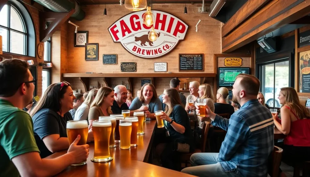 Image of The Flagship Brewing Co.'s taproom with people enjoying beers and having fun