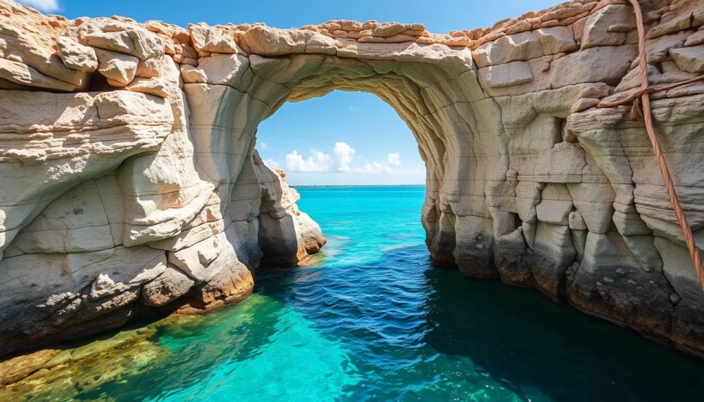 Image of The Glass Window Bridge in Eleuthera, Bahamas, showcasing its unique rock formation and the contrast between the Atlantic Ocean and the Caribbean Sea.