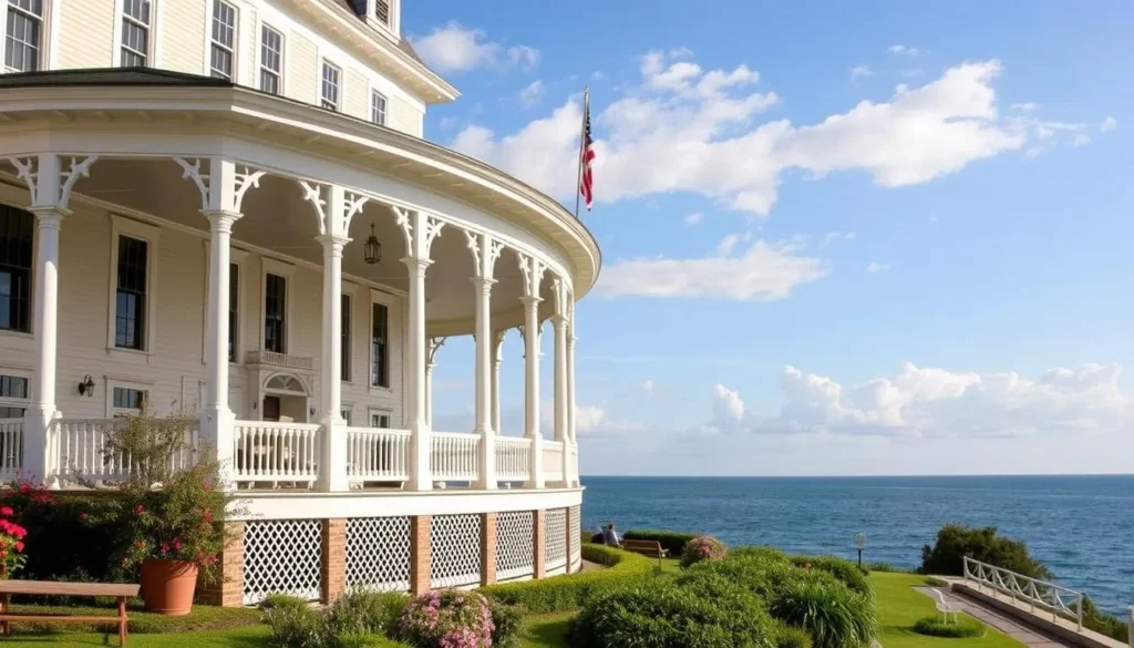 Image of The Grand Hotel Mackinac Island with its famous porch and beautiful surroundings