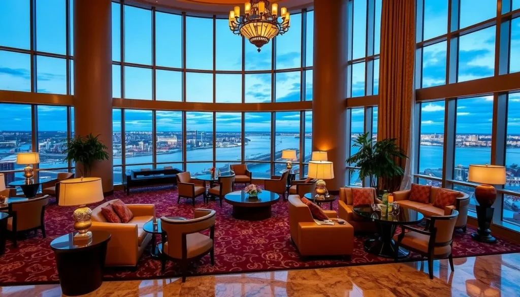 Image of The Merrill Hotel's elegant lobby with a view of the Mississippi River